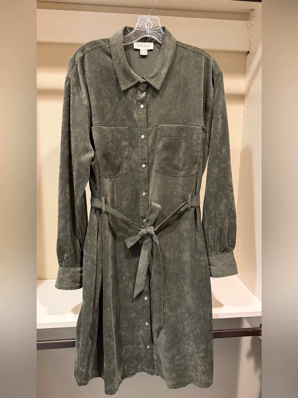 Collared Corduroy Shirt Dress with Tie Belt - Olive Green